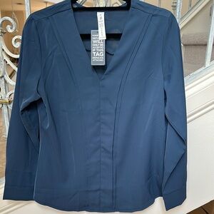 Blue Fitted V-Neck Blouse with Full-Length Sleeves